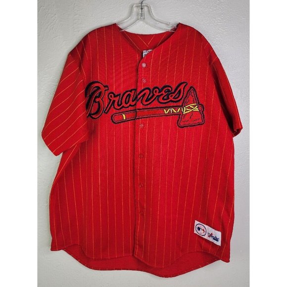 Vintage Majestic Atlanta Braves Pin Stripe Red Jersey Buttons Logo USA Mens XXL? - Picture 1 of 14